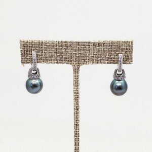 Cultured 10mm Tahitian Pearl & CZ Dangle Earrings Sterling Silver
